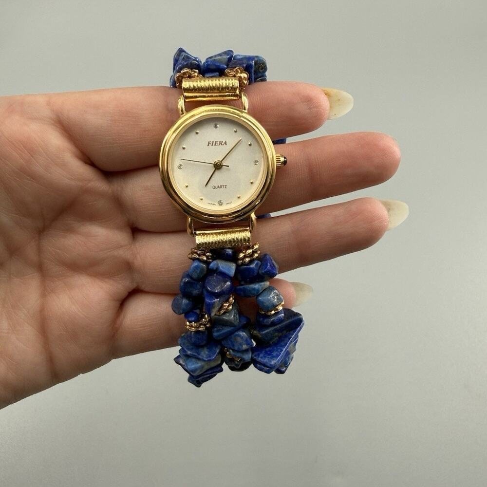 Vintage FIERA Gold Plated Quartz Watch Blue Pebble lápiz lazuli Chip Stones